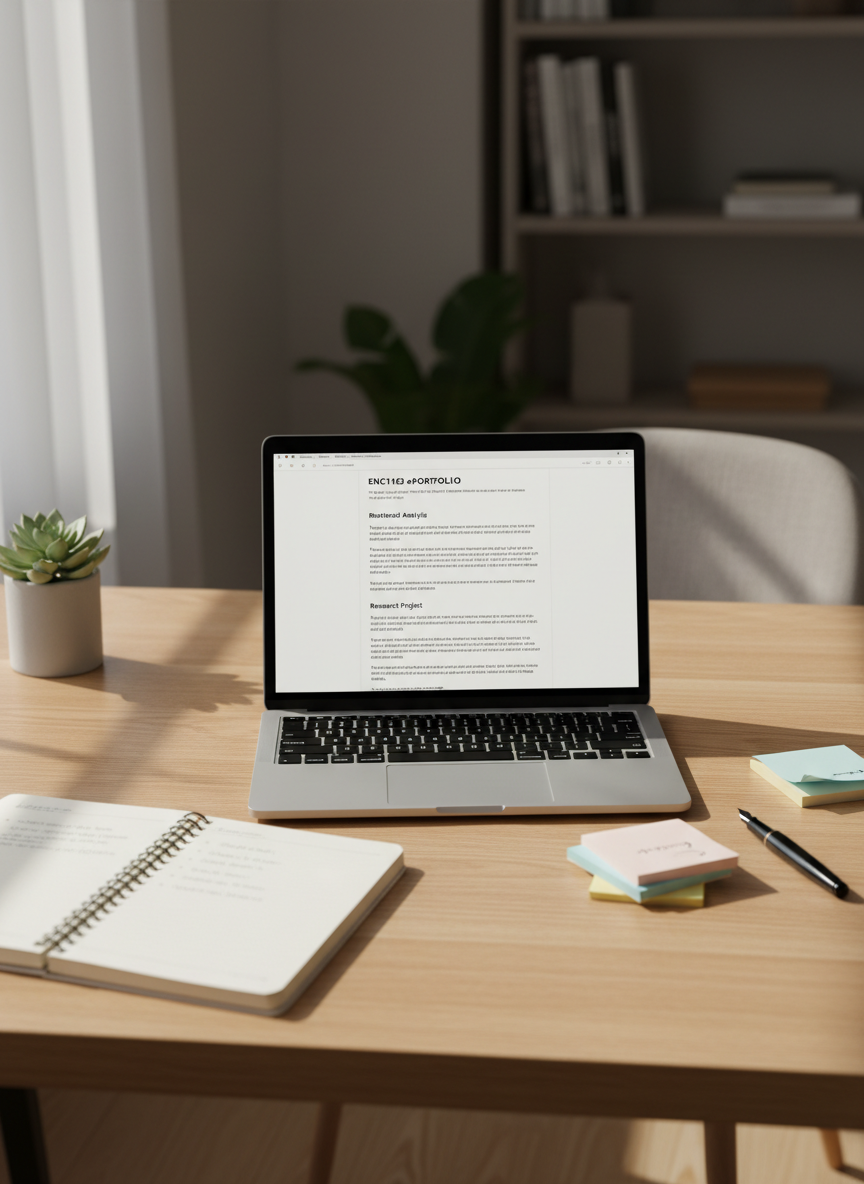 A clean, modern workspace dedicated to thoughtful writing, centered around an open laptop displaying a minimalist document interface with neatly arranged paragraphs and headings, subtly suggesting an academic portfolio. The laptop rests on a light oak desk with a spiral-bound notebook, color-coded sticky notes, and a smooth black fountain pen nearby. Soft natural daylight from an unseen window washes across the surface, creating gentle highlights on the metal laptop body and delicate shadows under the stationery. The background is softly blurred, hinting at organized bookshelves and a small potted plant. Photographic realism, eye-level composition, and a shallow depth of field create a calm, professional atmosphere, perfect for a homepage hero image introducing an ENC1102 ePortfolio.